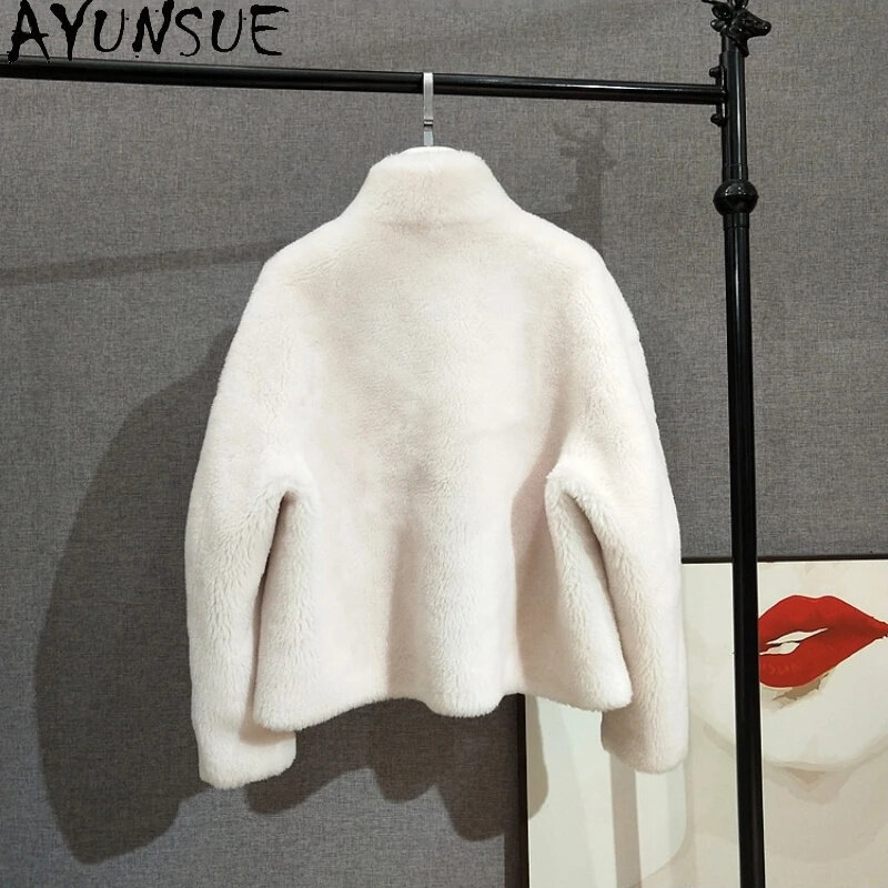 AYUNSUE-chaquetas de lana para mujer, abrigo corto de piel auténtica, Parka de cuello alto, estilo cálido, 100%, otoño e invierno, 2024