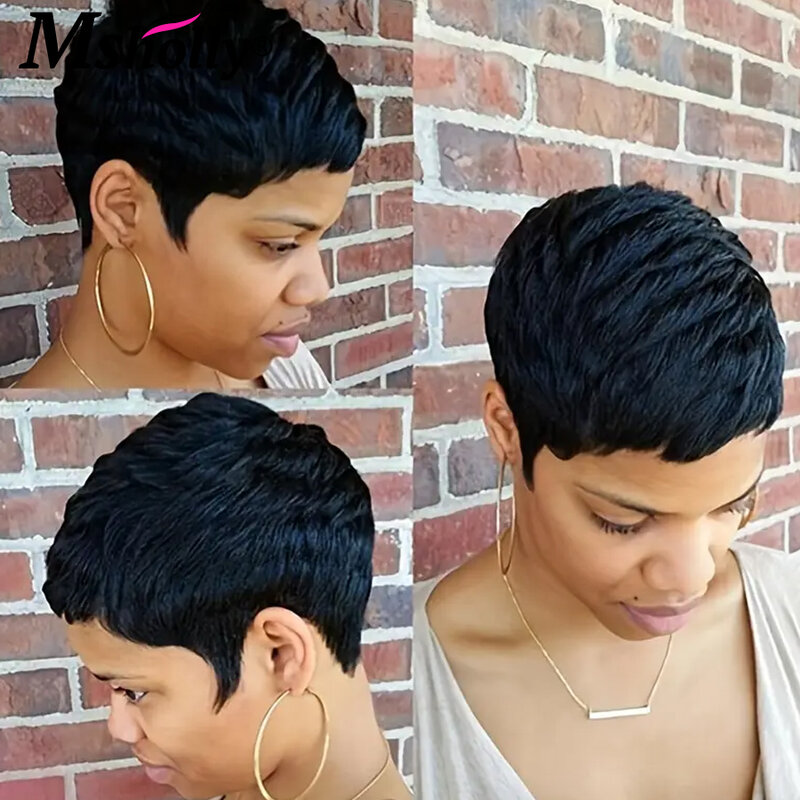 Perucas de cabelo humano sem cola para mulheres negras, perucas curtas Pixie Cut, onda de água, máquina completa, pronto para usar, barato