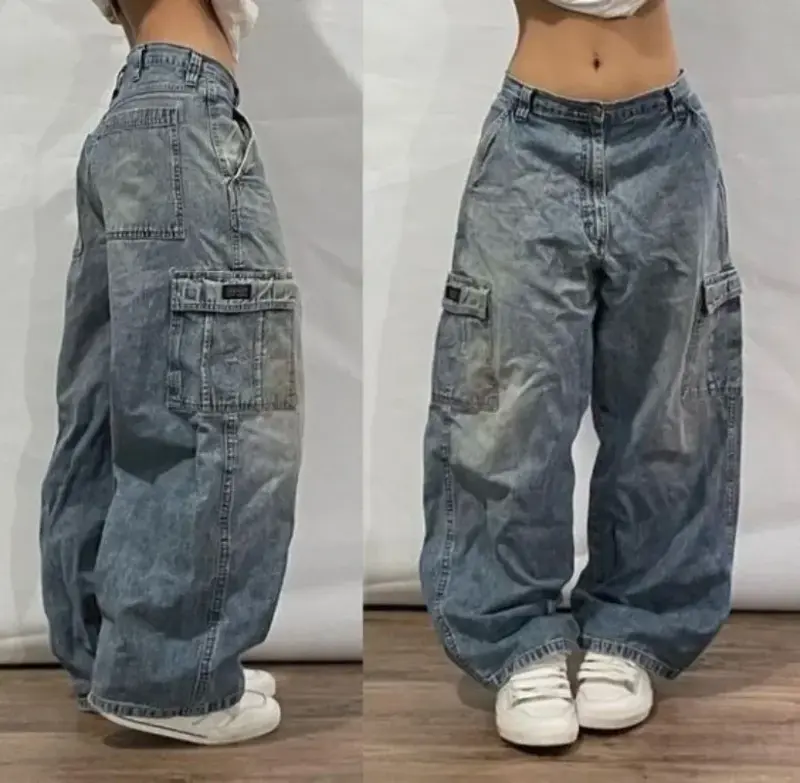 Новинка 2024, джинсы в стиле ретро Y2K Harajuku, уличные хип-хоп Джокер, парные карманы, свободные готические прямые джинсовые брюки с высокой талией