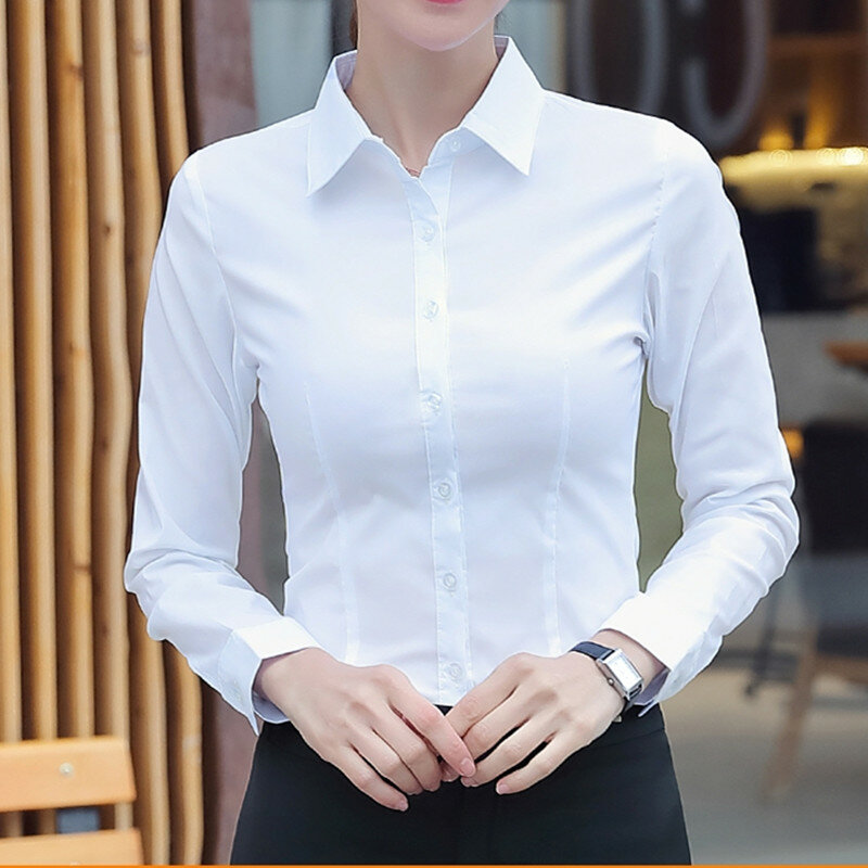 Camisas brancas de manga comprida para mulheres, tops de escritório, blusa básica, botão, OL, sólido, moda feminina, 5XL