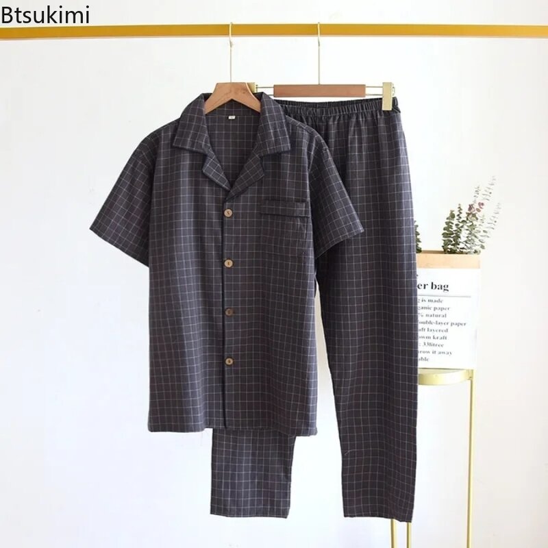 Hoogwaardig Pyjama Pak Nieuwe Heren Homewear Tweedelige Mode Eenvoudige Korte Mouw En Broek Heren Japanse Geruite Lounge Nachtkleding
