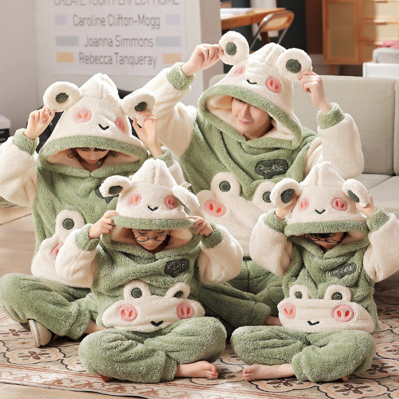 Conjunto de pijamas de franela para padres e hijos, ropa de dormir cálida con dibujos animados, de invierno, de Coral, gruesa, Kigurumi