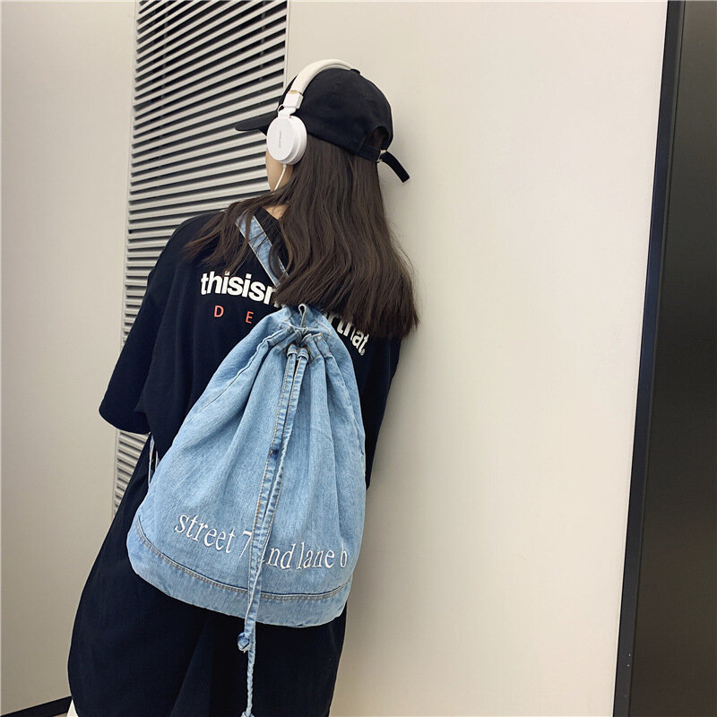 Plecak damski prosta litera sznurek plecak, College plecak Denim studencki koreański styl moda duża pojemność torba podróżna