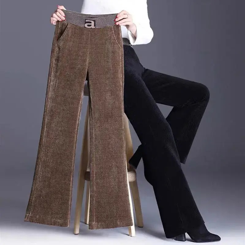 Calças femininas de veludo elástico de cintura alta, calça larga de veludo, calça grossa de lã de cordeiro, elegante, quente, inverno, coreana, 2023
