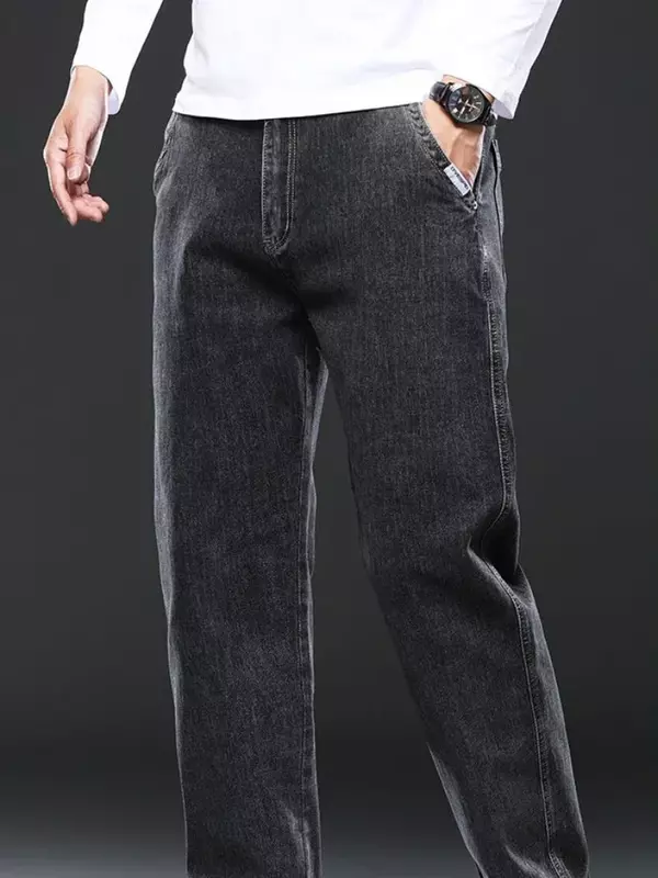 Męskie jeansy elastyczne spodnie Plus Size męskie kowbojskie spodnie na co dzień proste z kieszeniami rozciągnięte jesienna odzież zimę duże workowate