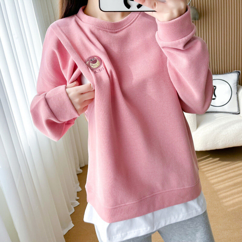 Pregnancy Clothes Loose Leisure Spring Style Fake Two Pieces Embroidered Breastfeeding Hoodie Breastfeeding Clothes 8669