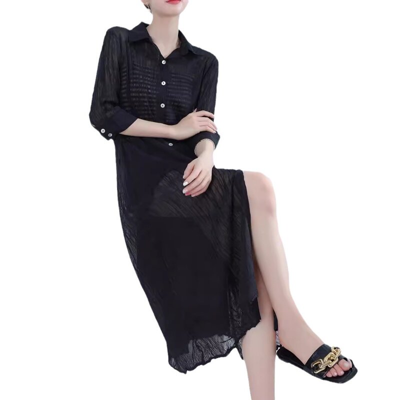 YUDX Miyake-Bata plisada de Color liso para mujer, abrigo transpirable versátil, diseño de botonadura única, moda de verano, novedad de 2024
