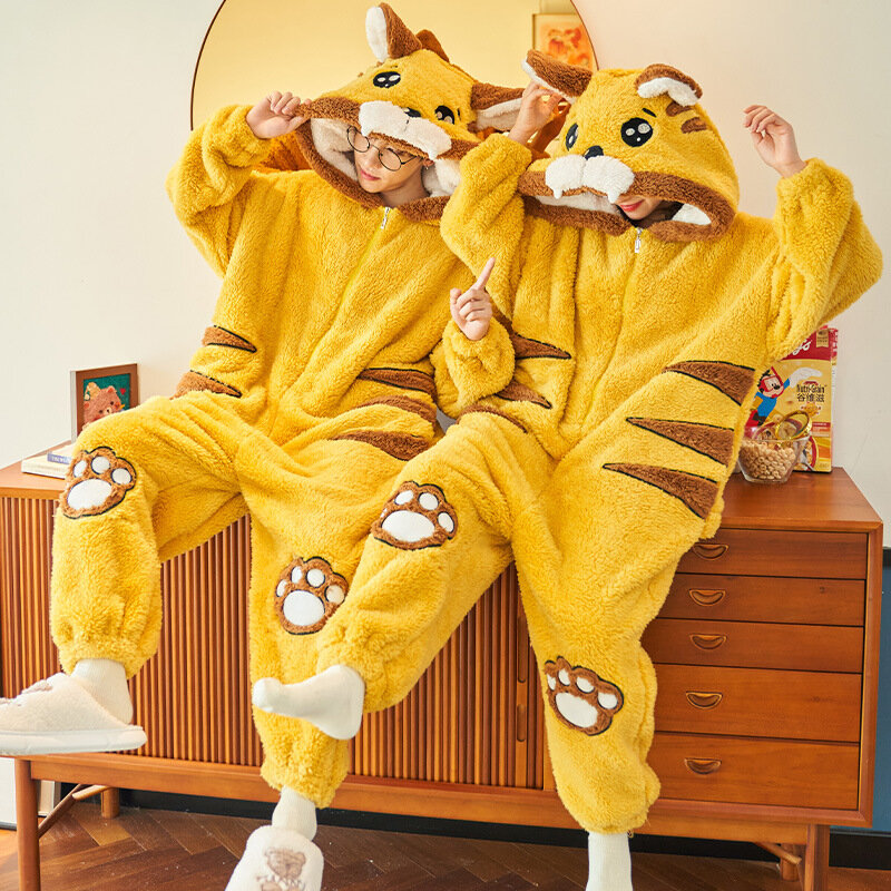 Winter Couple Pajamas Jumpsuits Women Men Warm Thicken Cartoon Cat Kawaii Sleepwear One-Pieces Lovers Pyjamas Hoodie Freeship