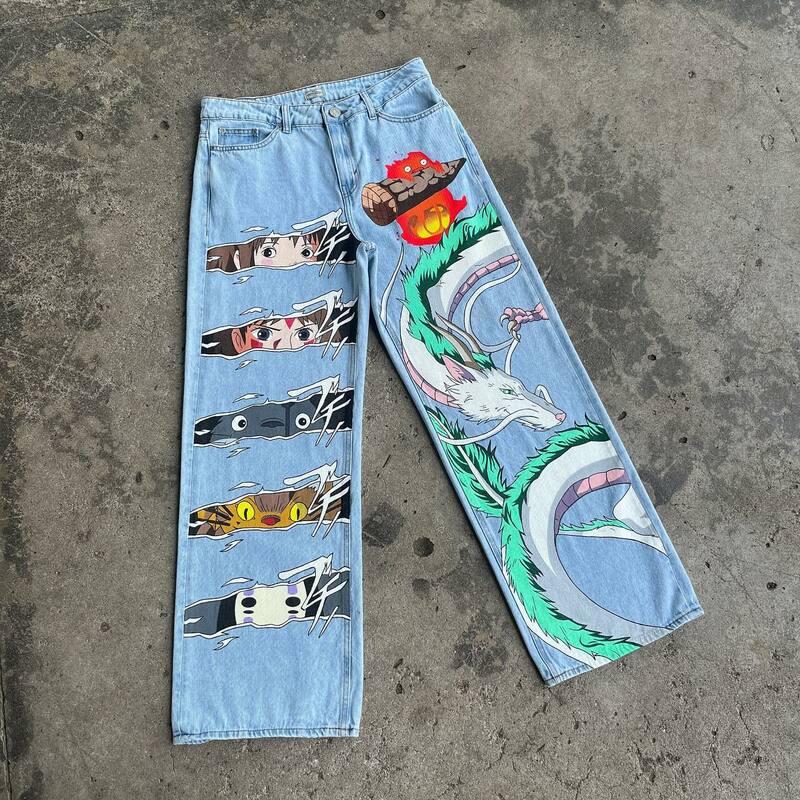 Celana Jeans biru Harajuku bordir grafik Anime Jepang pakaian jalanan Y2K celana panjang lebar pinggang tinggi pria wanita