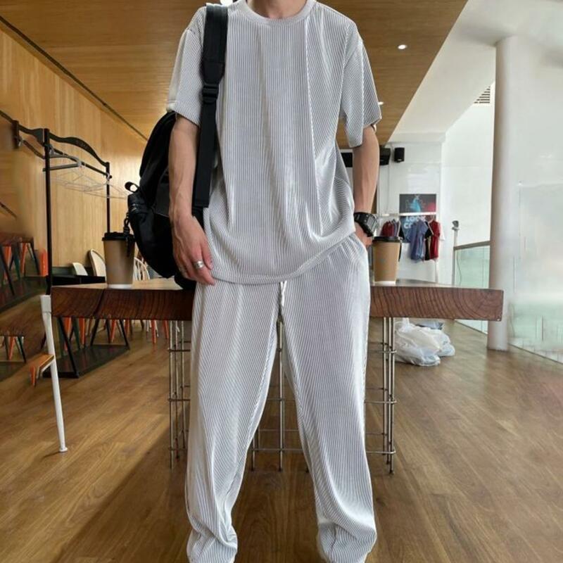 2023 Summer Tracksuit Sets Men Outfit Solid Ice Silk Draped Short Sleeve Tops Long Pant Loose Tracksuit Casual Suits ropa hombre