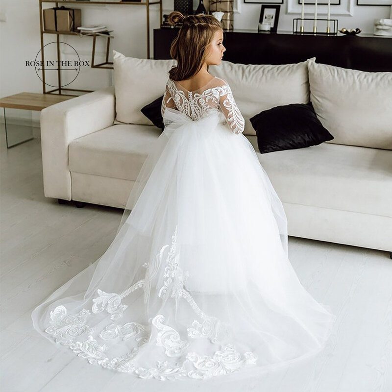 Suknia balowa z długim rękawem koronkowa księżniczka sukienki dla dziewczynek 2024 białe sukienki komunijne dla małych dziewczynek szata Mariage Enfant Fille