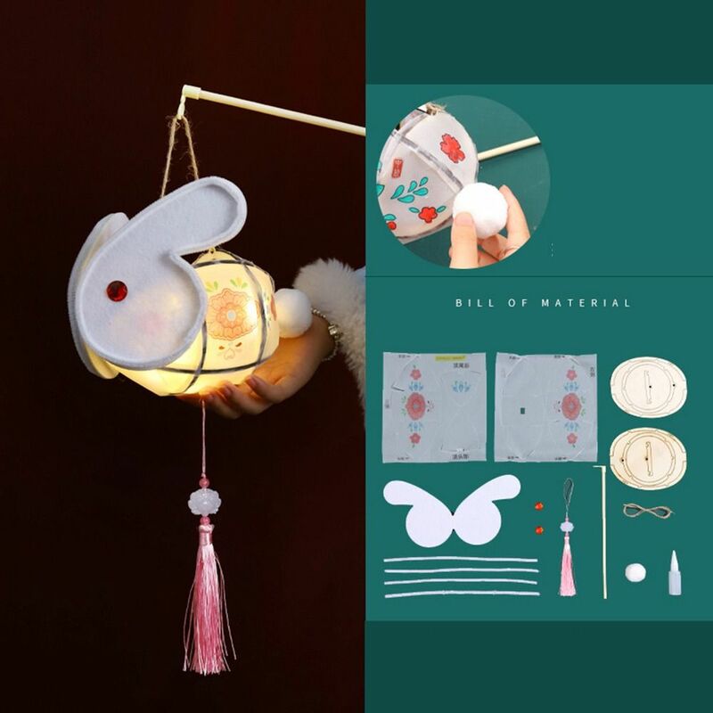 Handmade Luminous Handheld Rabbit Lantern, Glowing, Mid-Autumn Festival Lantern, DIY bonito, estilo chinês, forma do coelho, crianças