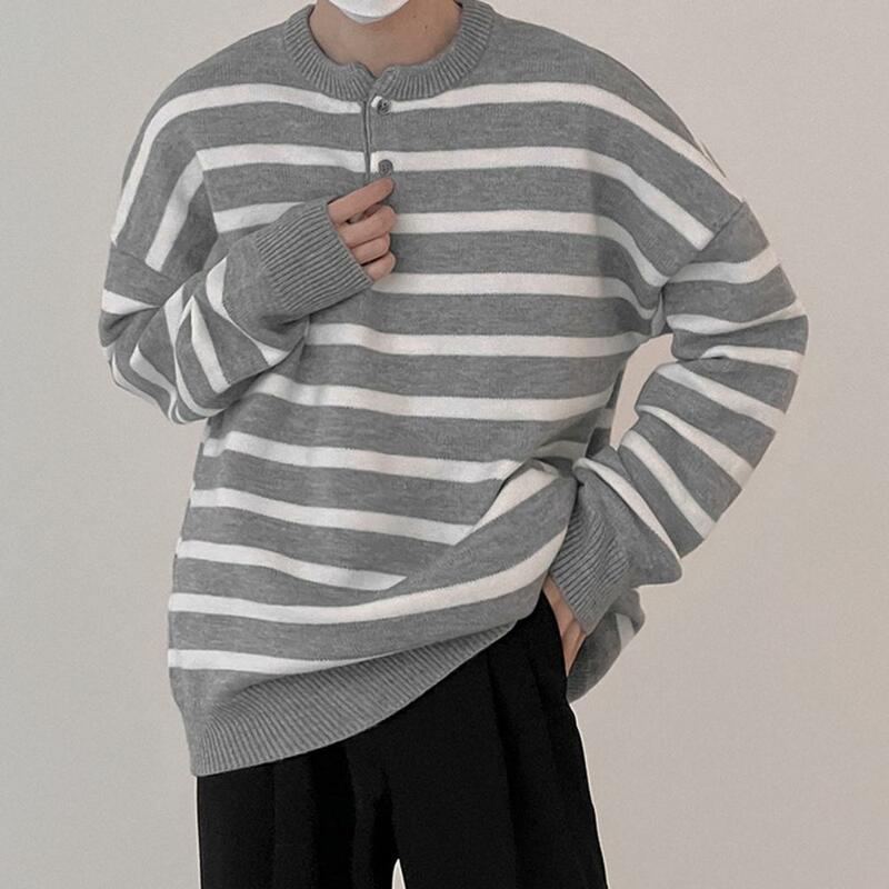Round Neck Men Sweater Men's Striped Print Knitted Sweater with O-neckline Long Sleeves Winter Warm Pullover Casual for Autumn