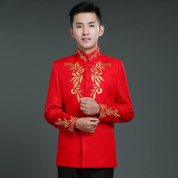 Chinese Jacket Men Wedding Top Spring Coat Zhong shan Host Stage Red Vintage Embroider
