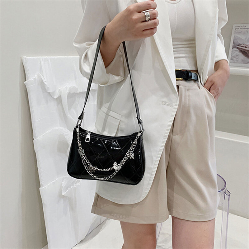 Women PU Leather Messenger Bag New Trendy Vintage Butterfly Chain Pure Color Zipper Handbag Fashion Underarm Bags