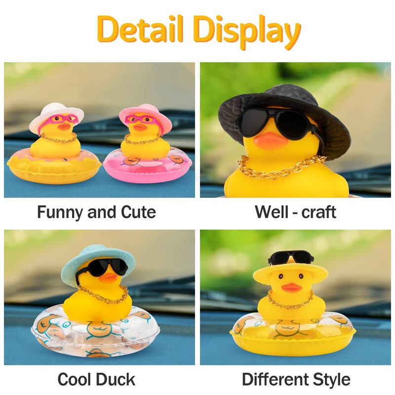 Carro Dashboard Rubber Duck Decoração, pato amarelo, chapéu de sol, Swim Ring, colar, óculos de sol, carro Dashboard Decorações