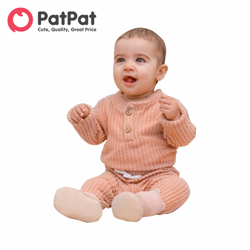 PatPat 10 kolorów niemowlę noworodka Romper dziewczynka ubrania dorywczo stałe wafel z długim rękawem ciepły kombinezon 2 szt. Komplet garniturów dla malucha