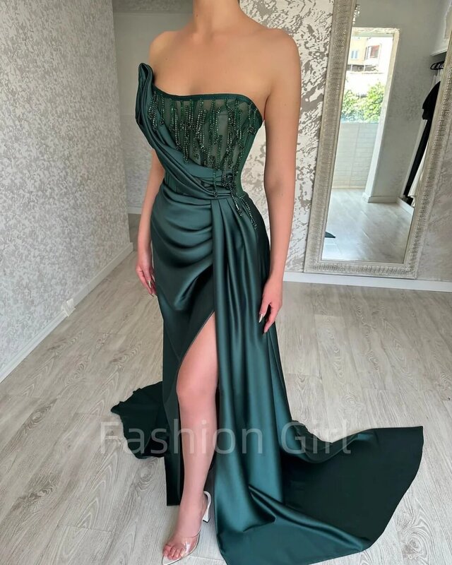 Sexy Dark Green Mermaid Evening Gowns Satin Beaded Strapless Formal Prom Party Gowns Split Special Occasion Pageant Dress