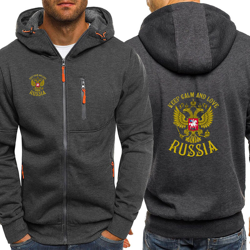 Russia Badge Gold Eagle Printed Harajaku Men Sports Sweatshirts Long Sleeve Zipper Cotton Male Winter Hoodies Casual Sweatshirts