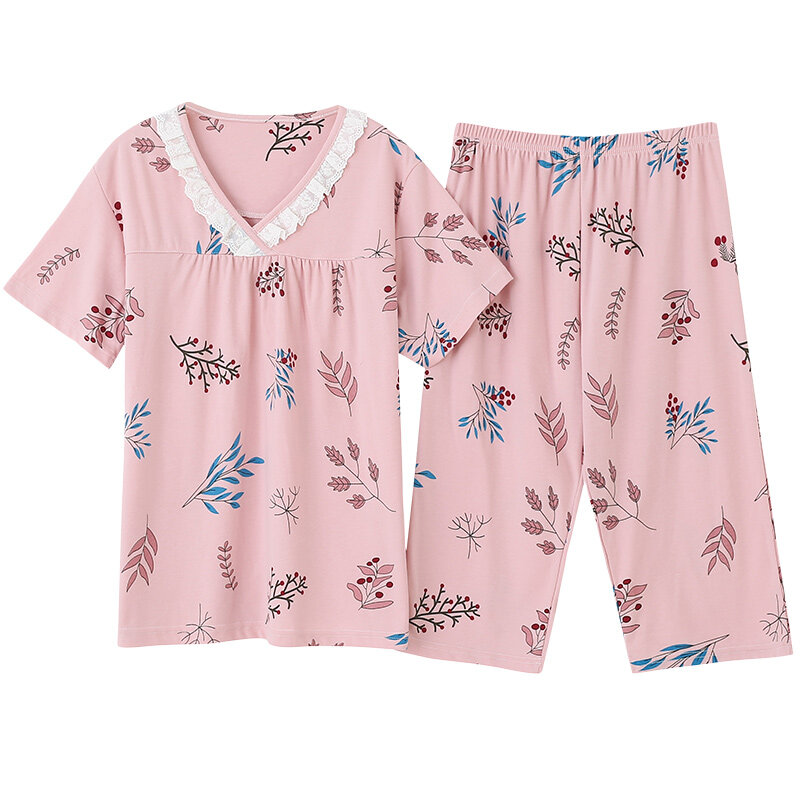 Conjuntos de pijamas com estampa floral de manga curta feminina, pijamas macios, pijamas pequenos, verão, tamanho grande, M até 4XL