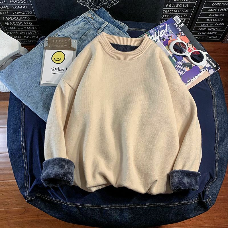 Fleece Thick Crewneck Sweater Knit Sweater Base Men Autumn Winter Solid Color Korean Warm Sweater Pullover