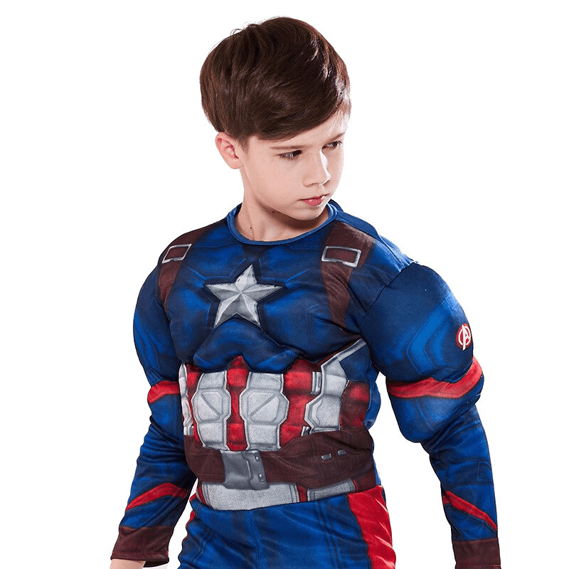 캡틴 아메리카 코스프레 의상, 방패 슈퍼 히어로 스티브 로저스 근육 바디 슈트, 어린이 할로윈 코스프레 카니발 파티 점프수트