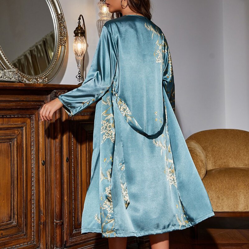 Women's Four Seasons Pajama Set, Lace Up Pajama Dresses, Thin Outerwear, Medium Length, Home Furnishing, 2 Pcs