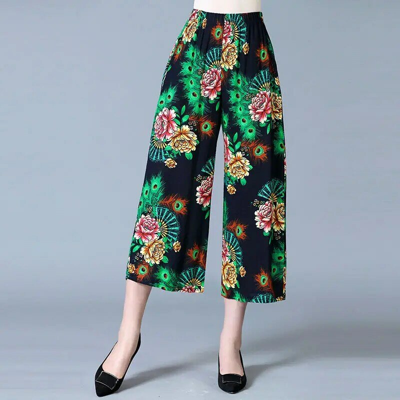 Loose Straight Temperament New Elegant Elastic Waist Women's Clothing Korean Pocket Summer Printing Comfortable Wide Leg Pants