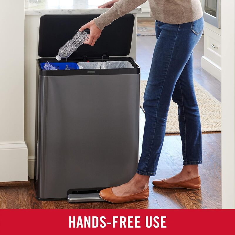 Rubbermaid Elite Stainless Steel Metal Dual Stream Step-On Trash Can for Home, Kitchen Waste and Recycling, 15.9 Gallon,