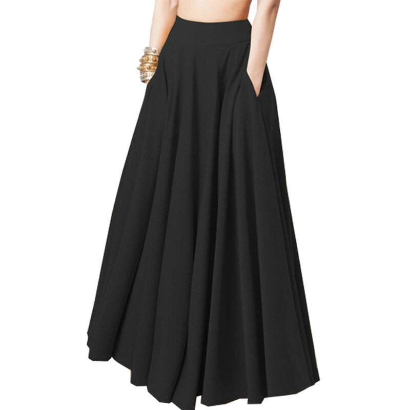 Rok lipit trendi dengan saku, rok model A-line kasual elastis, rok panjang setengah, rok pinggang tinggi wanita