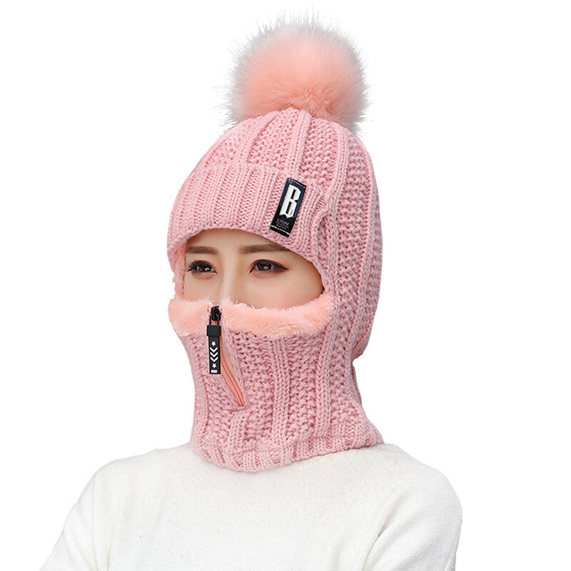 Women Wool Knitted Hat Ski Hat Windproof Winter Outdoor Knit Thick Siamese Scarf Collar Warm Keep Face Warmer Beanies Hat