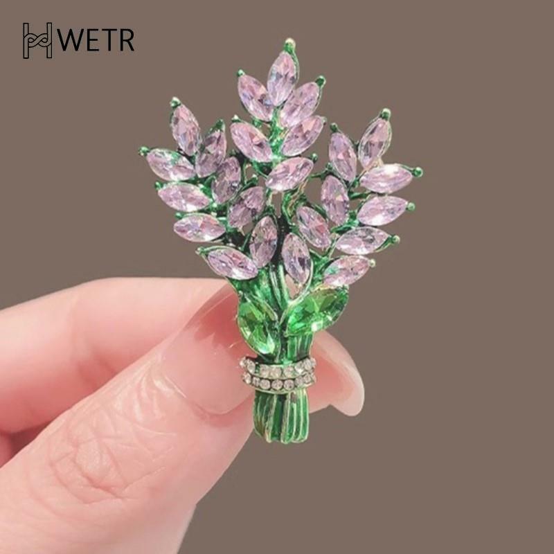 Bros wanita bunga Lavender kerah pin indah Aksesori tetap mode romantis buket kristal Botany hadiah perhiasan