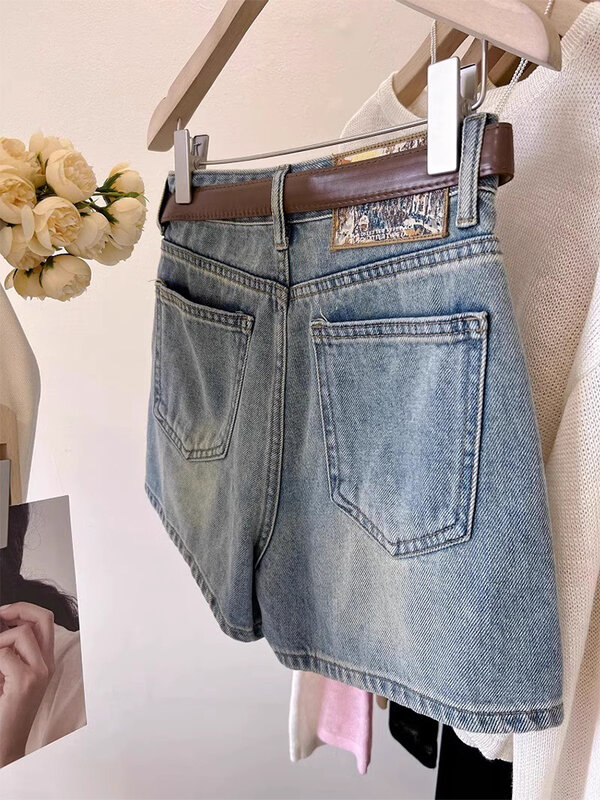 Pantalones cortos de mezclilla azul para mujer, ropa de calle informal Vintage coreana Y2k, pantalones vaqueros cortos de cintura alta, 2023