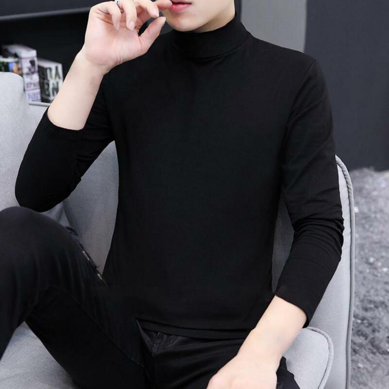 Men Base Shirt Half-high Collar Solid Color Slim Fit Long Sleeves Soft Pullover Basic Close-fitting Comfortable Spring Tops
