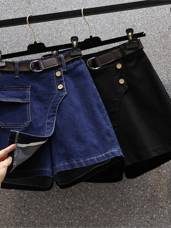 Pantalones cortos de mezclilla para mujer, minifalda de cintura alta elástica, de retazos irregulares, informales, talla grande, Verano