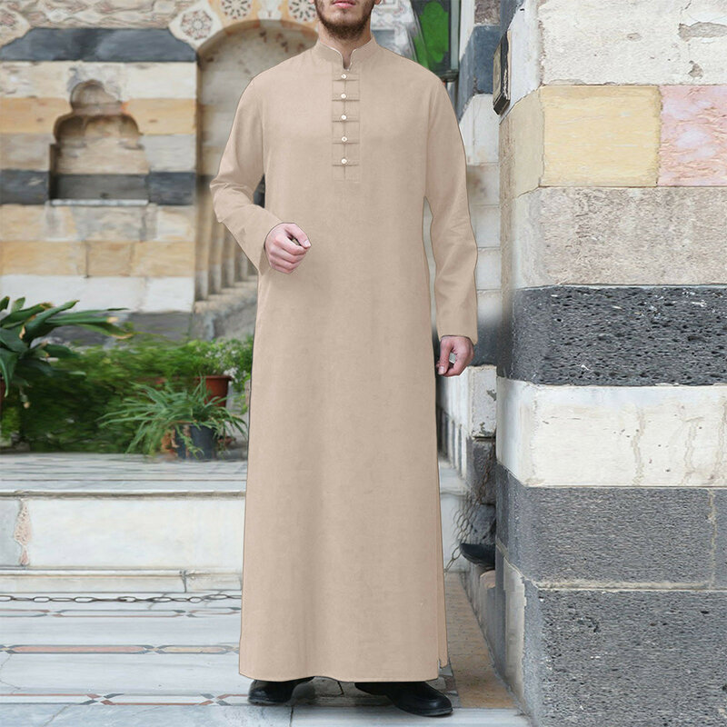 Bata musulmana árabe de manga larga para hombre, Túnica islámica de color sólido, cuello de pie, botón, moda Simple, talla grande