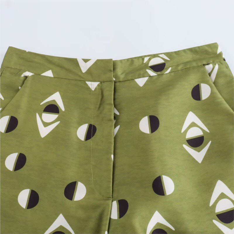 กางเกงมีซิปทรงหลวมพิมพ์ลายผ้าไหมสำหรับผู้หญิงกางเกงลำลองสไตล์อังกฤษชนบทสไตล์วันหยุดพักผ่อน