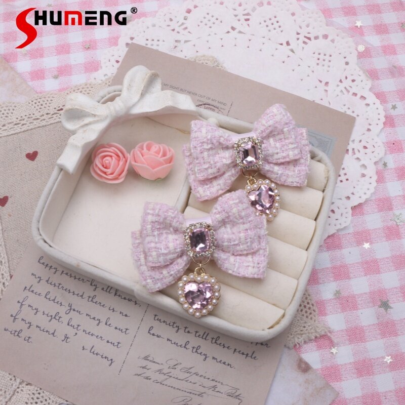 Lolita Bow Heart Rhinestone Hair Accessories Japanese Style Sweet Hairpin Cute Handmade Lady Pendant Small Pair Clip Side Clips