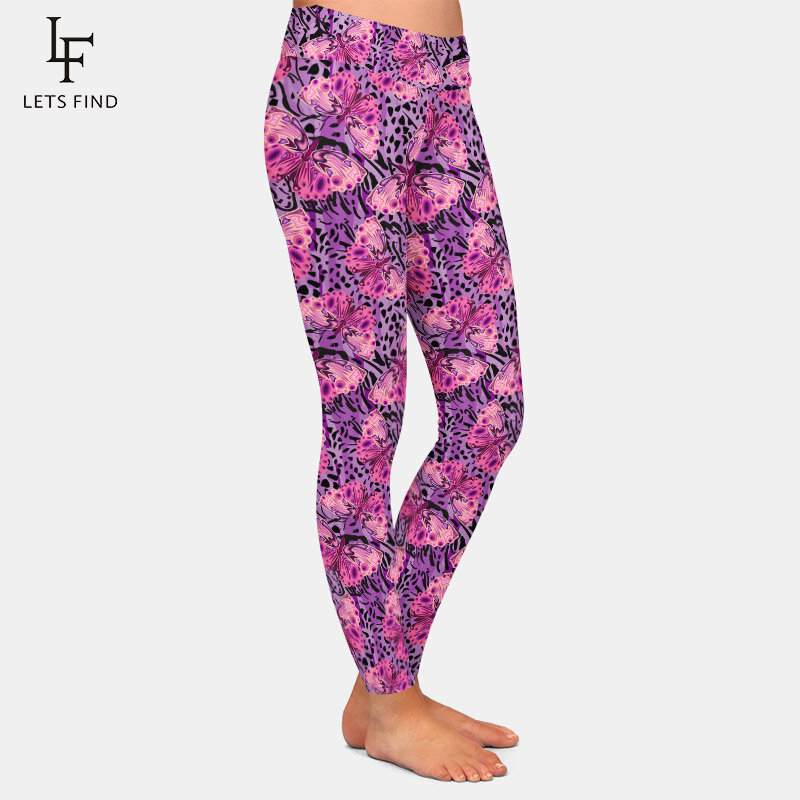 LETSFIND Fashion 3D Pink Butterflies on The Leopard Print Digital Printing Leggings High Waist Women Slim Leggings