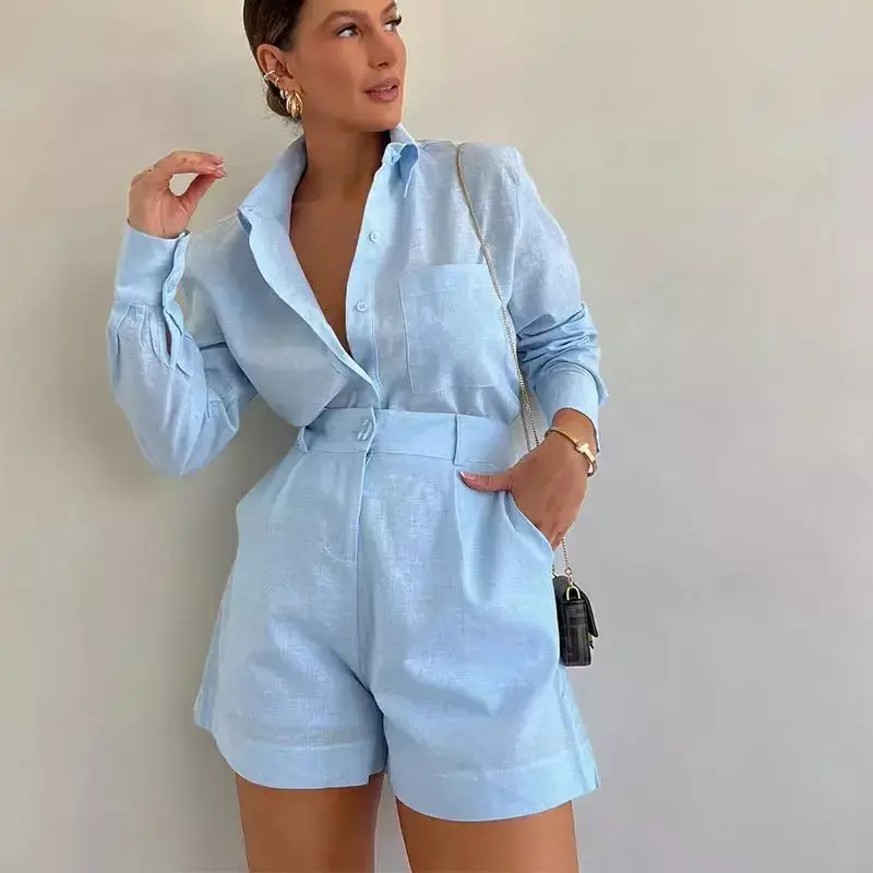 2024Casual 2 Piece Sets Women Outfit Long Sleeve Blouse And High Waist Shorts Summer Streetwear Elegant White Loose Female Suits
