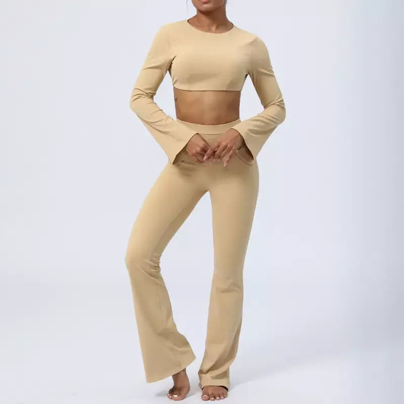 Traje de Yoga ajustado para mujer, traje de Fitness sin espalda de secado rápido desnudo, pantalones de campana de dos piezas, Otoño e Invierno