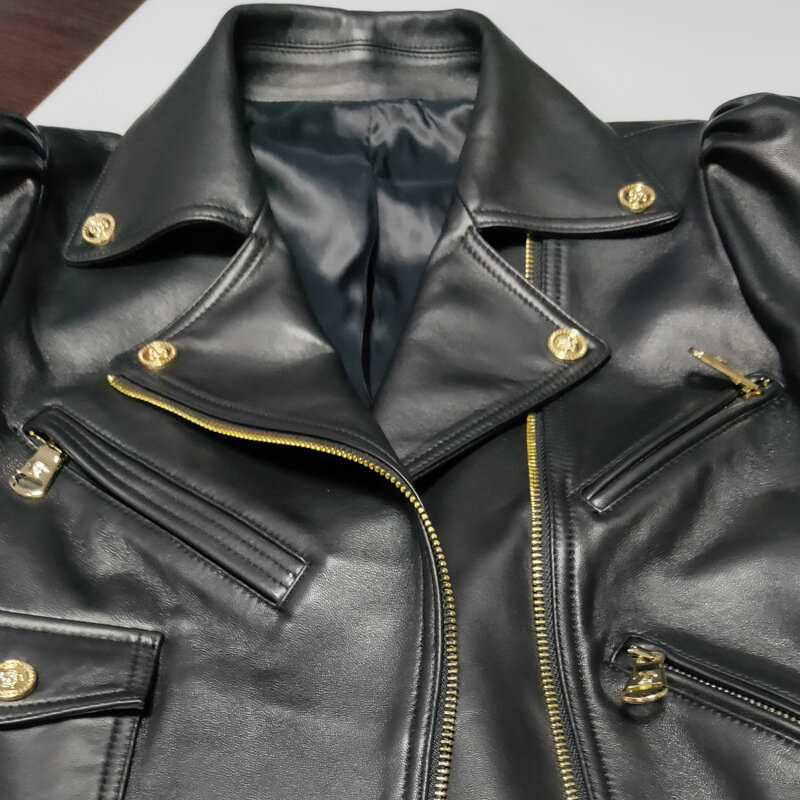 Sheepskin Real Leather Women's Jacket Motorcycle Leather Jacket Autumn Black Short Trendy Belted Coats Jaqueta Feminina
