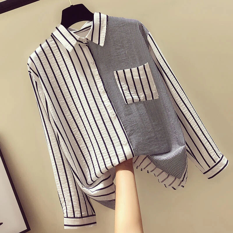 2024 new fresh and fashionable women's loose tops all-match slim striped patchwork shirts women's long-sleeved shirts oversized
