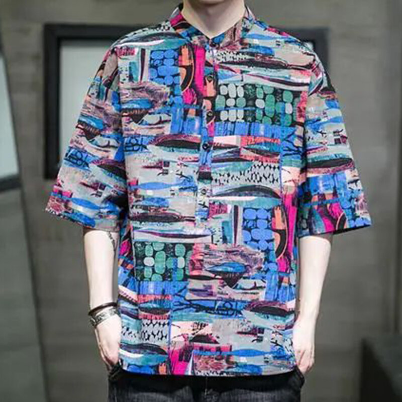 Heren Chinese Stijl Retro Borduurwerk Stiksels Katoen Linnen Contrast Kleur Totem Traditionele Nationale Kostuum Shirt Top