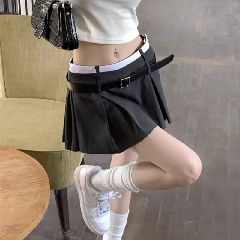 HOUZHOU Belt Pleated Mini Skirt Women Korean Style Preppy Summer Patchwork High Waist Casual A-line Skirt Shorts Streetwear