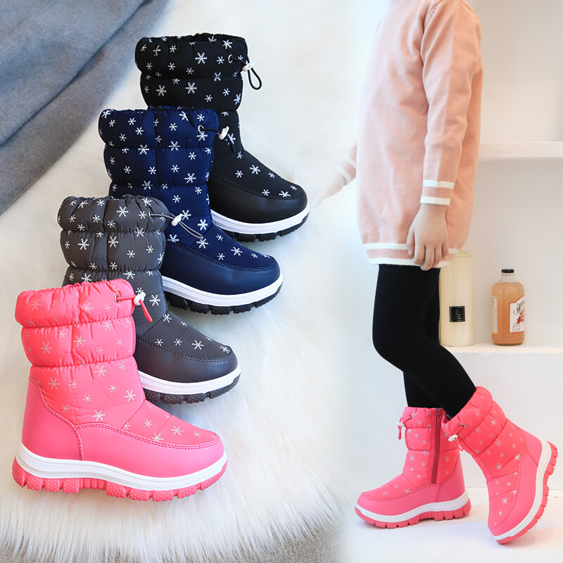 Botas de nieve de piel cálidas para niños, zapatos peludos negros antideslizantes e impermeables, calzado para niños, zapatillas para bebés, color rosa