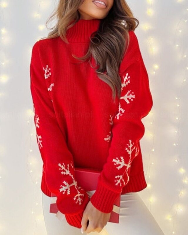 Sweater rajut leher tinggi wanita, pakaian Sweater rajut leher tinggi pola kepingan salju Natal, kasual baru musim dingin 2023