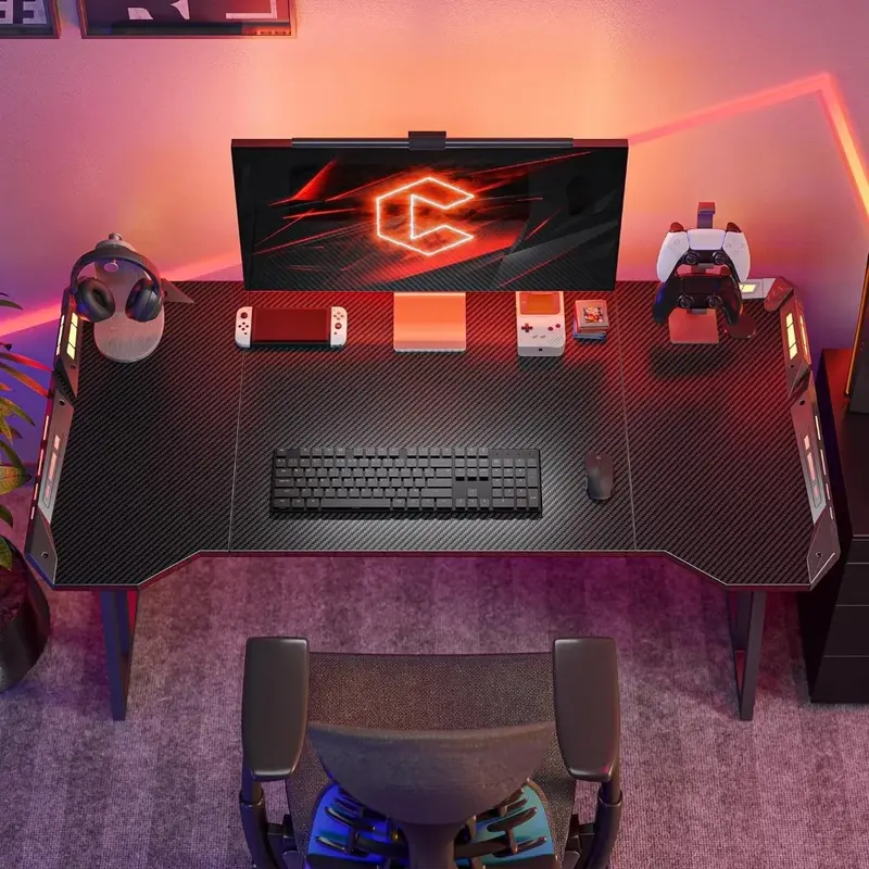 Gaming Desk with LED, 47 Inch Gamer Workstation, Home Computer with Carbon Fiber Surface, Black