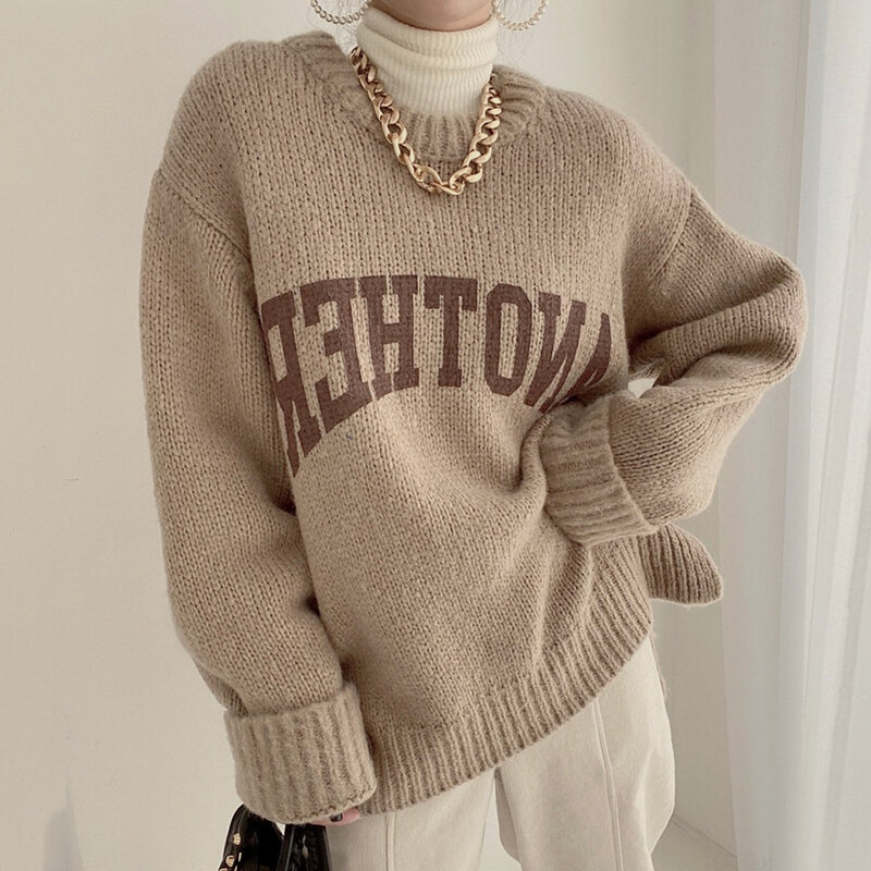 Jersey de punto con letras para Mujer, suéter elegante, holgado, Vintage, informal, de manga larga, combina con todo, moda de invierno, 5 colores