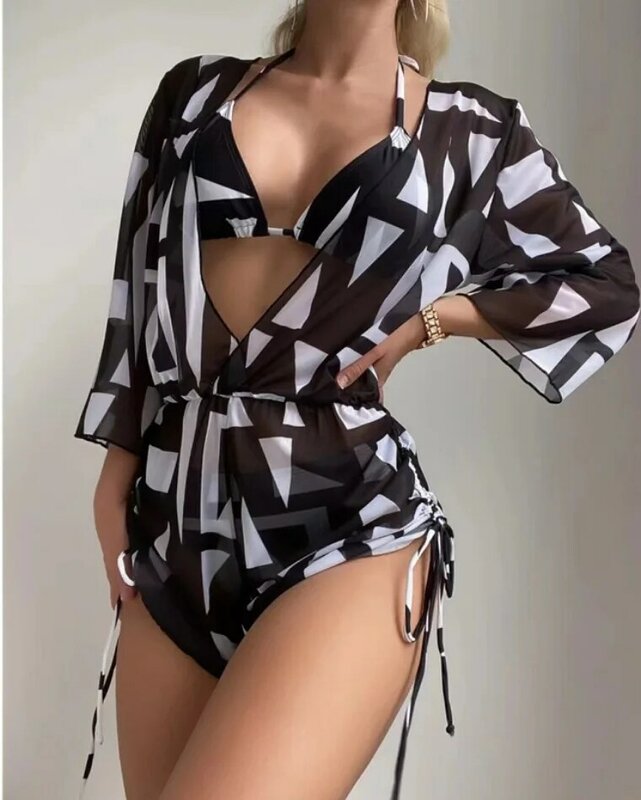 Maiô sexy de três peças com estampa floral para mulheres, biquíni de cintura alta, estilo praia, novo design
